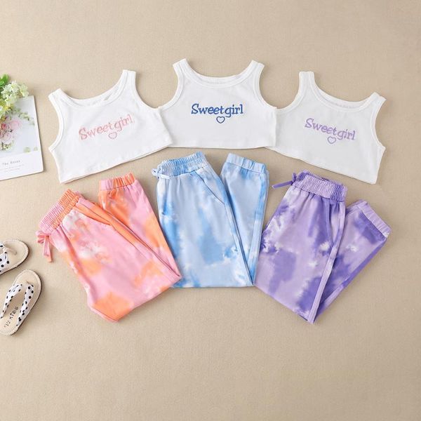 

clothing sets kids girls camisole pants clothes set floral printed casual trousers letter print tank 2pcs 2021 summer, White