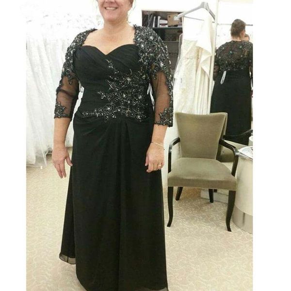 2021 Abiti per la madre neri A-line maniche a 3/4 in chiffon Appliques in rilievo Plus Size Abiti da sposo per invitati a un matrimonio Abiti da ballo