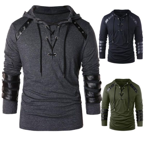 

2021 new hooded t-shirt unique design vintage style men long sleeve t-shirt trendy fashionable button decoration, White;black