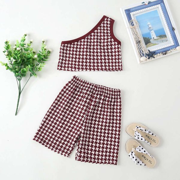 

boys and girls suits girls' suit children's thousand bird check dress girl's fashion one shoulder two piece set, White