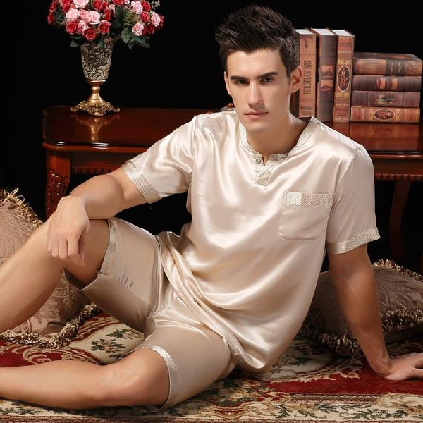 

men's sleepwear brand male heavy silk pajama summer pajamas sets men short-sleeve shorts 100% pyjamas set, Black;brown