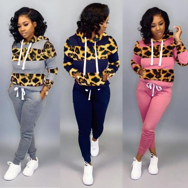 

two piece dress winter women's set tracksuit full sleeve hoodied sweatshirt pockets casual pants suit outfits leopard sweatsuit, White