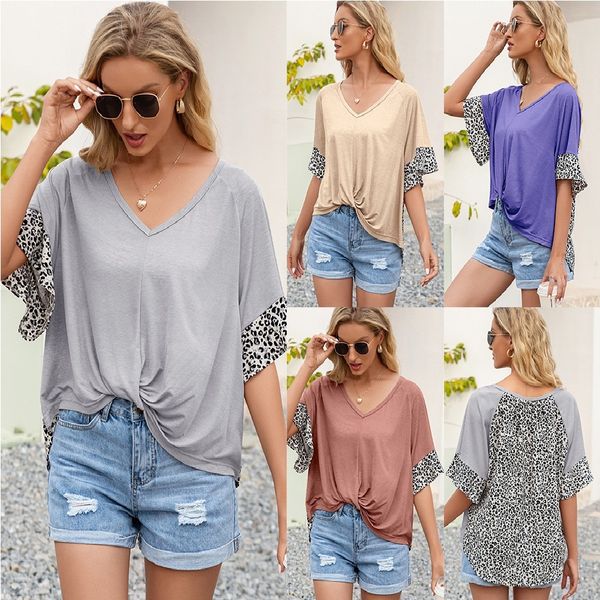 

2021 summer new european and american women's fashion leopard pattern splicing raglan sleeve kink t-shirt, White