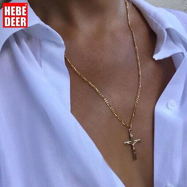 

pendant necklaces hebedeer trendy girls necklace chain women gold color cross classic alloy jesus jewelry lovers collier, Silver