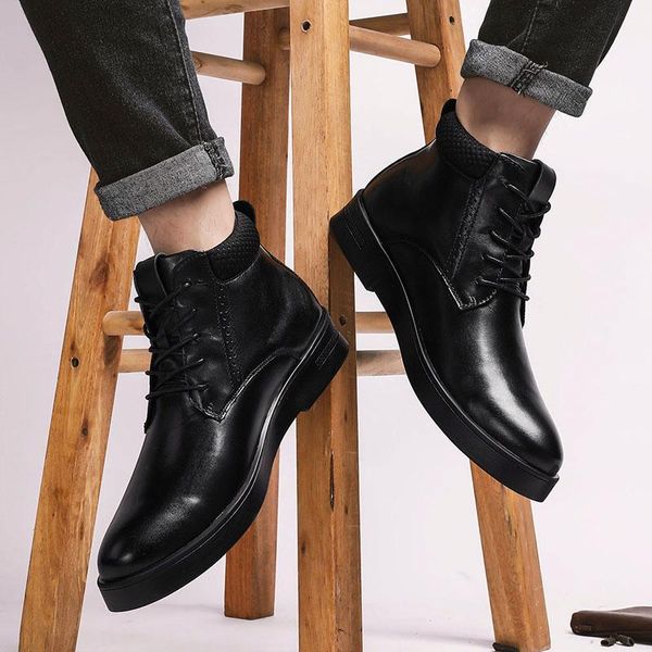 

boots men winter with fur warm ankle outdoor shoes handmade snow for, Black