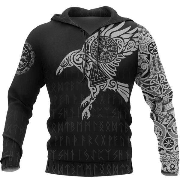 Viking o corvo de tatuagem 3D impresso homens hoodies retro harajuku moda encapuçado moletom hoody casual streetwear hoodie 201104