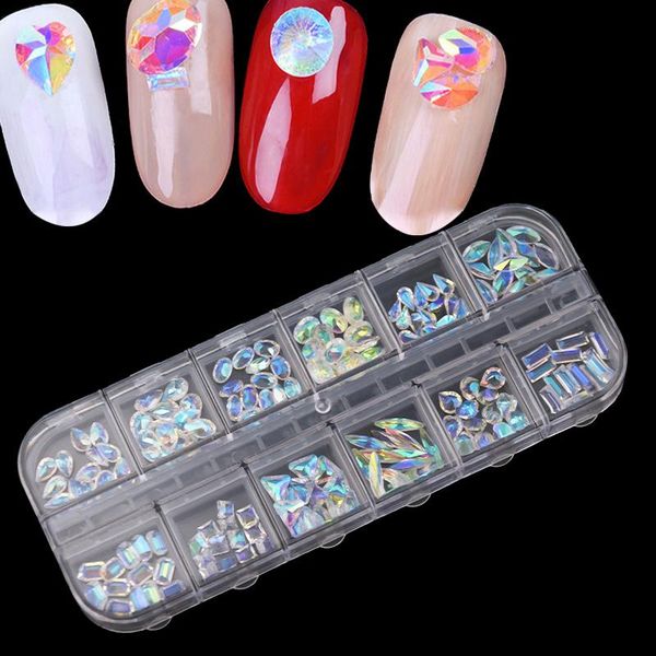 

nail art decorations 1 box 12 designs rhinestone crystal strass decoration mixed size clear ab non fix gem for manicure access zb99, Silver;gold