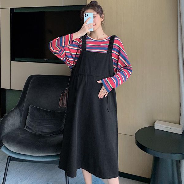 

maternity dresses stripe + clothes spring autumn long sleeves midi dress terno loose fashion suits pregnant women mom, White