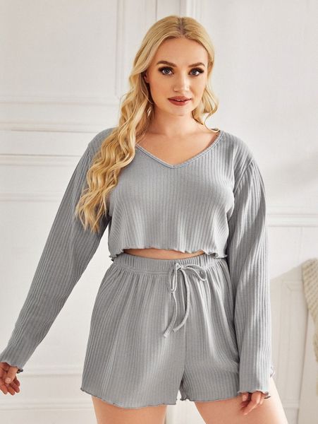 

plus solid rib-knit pajama set a0zb#, Black;white