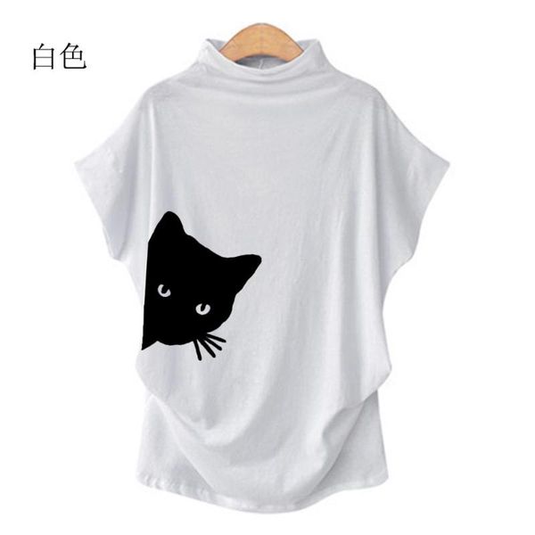 

women's t-shirt summer interest cute cat high neck print women casual bat short sleeve fashion street ladies plus size white tees