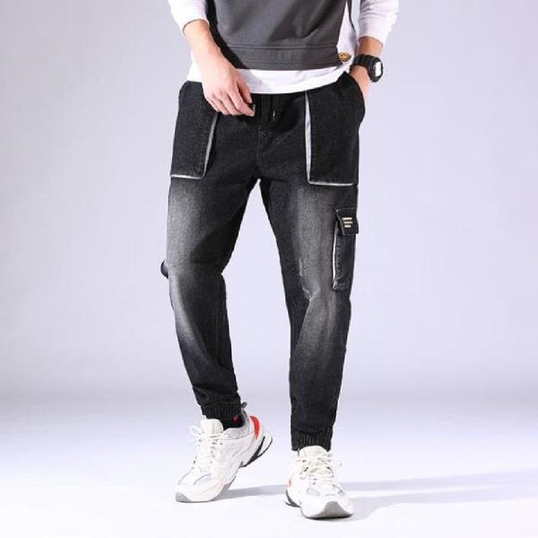 

men's jeans men's summer korean version harun small pants baggy plus fat fashion white multi-pocket handsome stretch, Blue