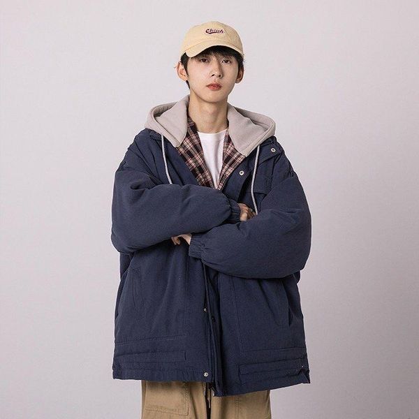 

men's down & parkas winter cotton padded jacket warm fashion casual fake two-piece hooded coat men loose korean short mens clothes, Black