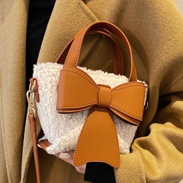 

bag designer tote bowknot contrast color 2021 shoulder high-quality velvet women's winter handbag bucket new messenger bag fuanq, Red;black