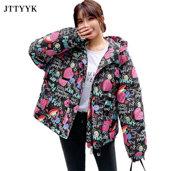 

oversize clothes winter down jacket women print padded coat female fashion style zipper short outerwear hooded parka mujer 210927, Black