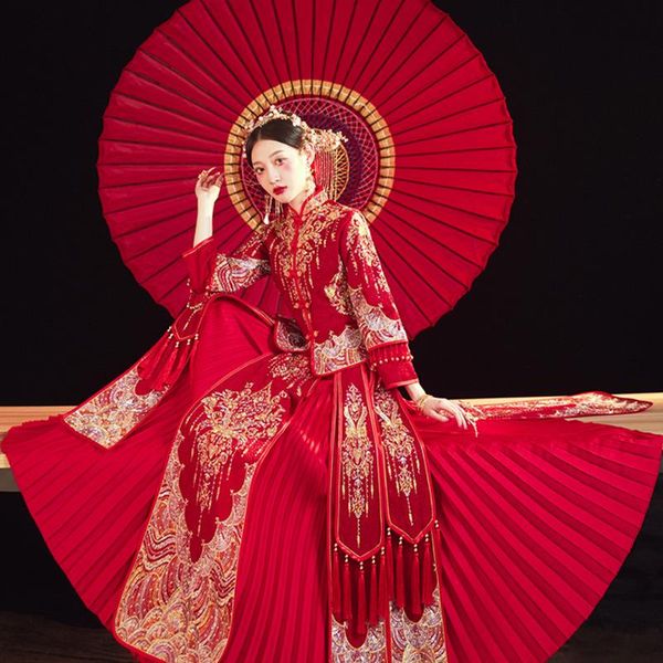 

ethnic clothing oversize 6xl retro chinese marry pleated skirt cheongsam embroidery bride groom wedding dress, Red