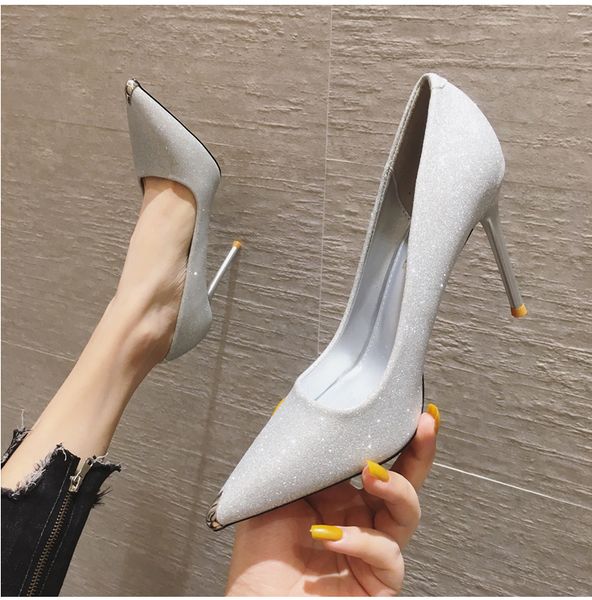 

2020 spring and autumn shiny stilettos pumps thin cinderella bridal shoes, Black