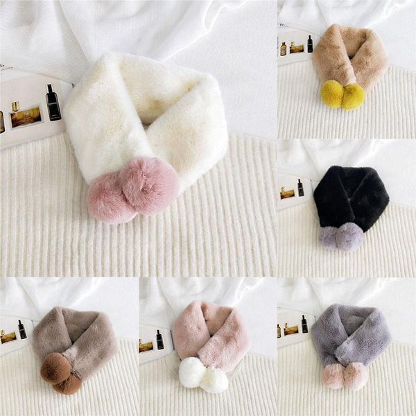 

scarves faux fur collar neck warmer double ball snood scarf 64cm*10cm 1pcs solid color pompom plush soft thicken, Blue;gray