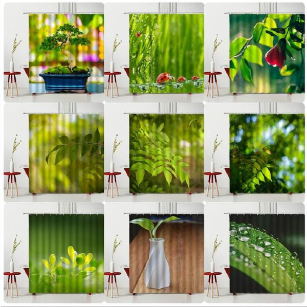 

shower curtains botany curtain spring green potted plants leaves dewdrop bathtub decoration pographic background 240x180cm