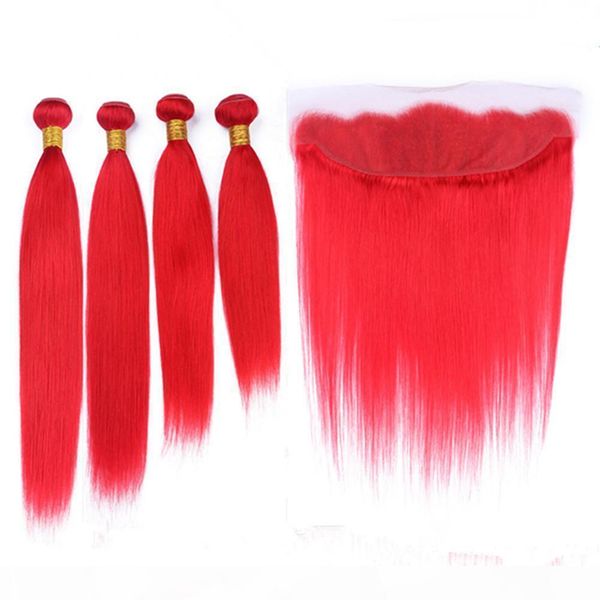 

pure red malaysian straight human hair weaves 4 bundles with frontal lace closure bright red virgin hair extensions with lace frontal 13x4&q, Black;brown
