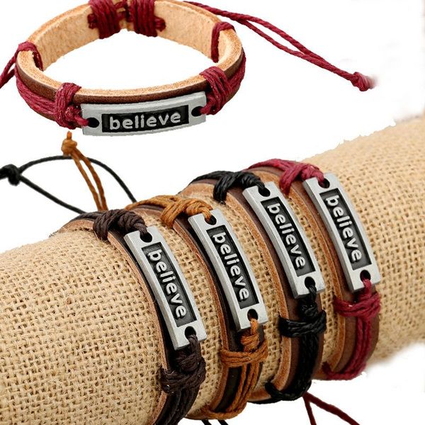 

tennis believe alloy words hand-woven rope leather bracelet vintage men women bracelets bangles trendy jewelry wristbands accessories, Golden;silver