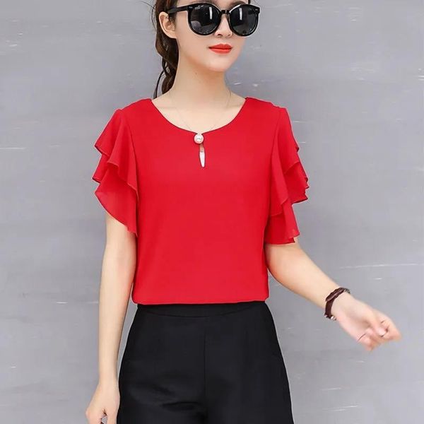 

women's blouses & shirts summer blouse short sleeve o neck chiffon shirt women loose elegant office lady casual blusa plus size, White