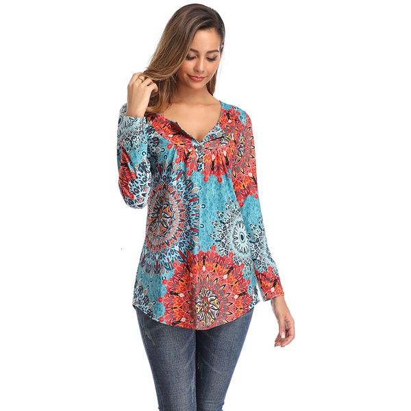 

2021 new womens and blouses o-neck print casual long sleeve boho clothing women plus size fashions floral blouse shirts b46x, White