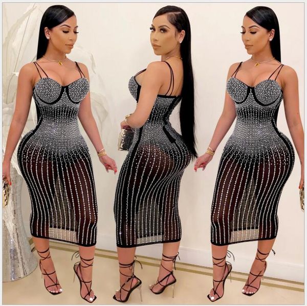 

plus size women rhinestone dresses mesh mini skirts clubwear spaghetti strap dress fashion solid color bodycon dress party clothes, Black;gray