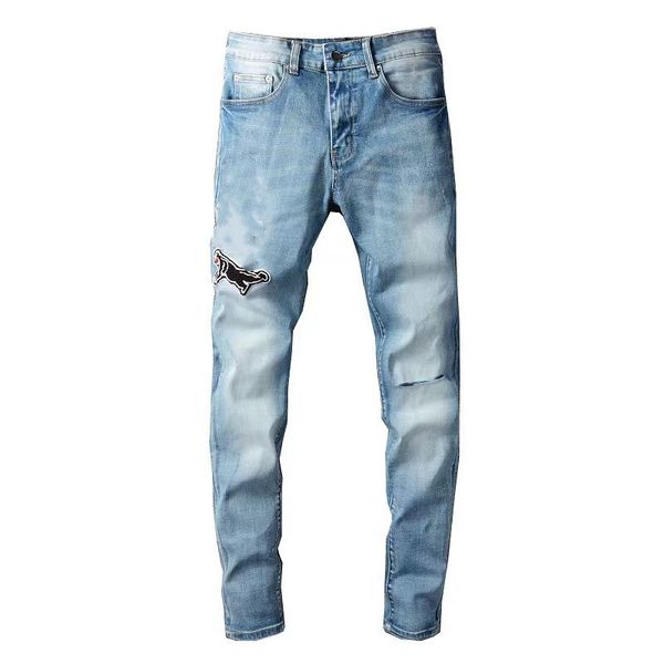 

fashion autumn mens jeans designer ripped letter pattern style slim motorcycle biker casual hip hop pants, Blue