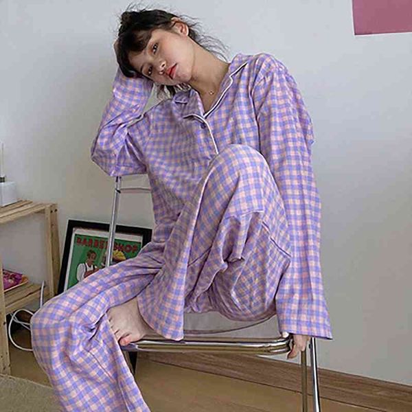 

pajamas set girls women sleepwear long sleeve loose suit homewear korean grid spring leisure womens nightwear, Black;red