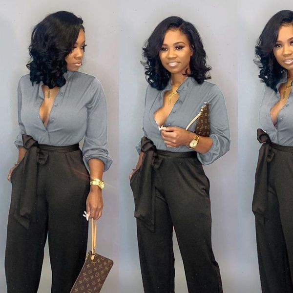 

2020 new arrival office lady straight 2 pcs jumpsuits chic design turn down collar street wear rompers overalls, Black;white