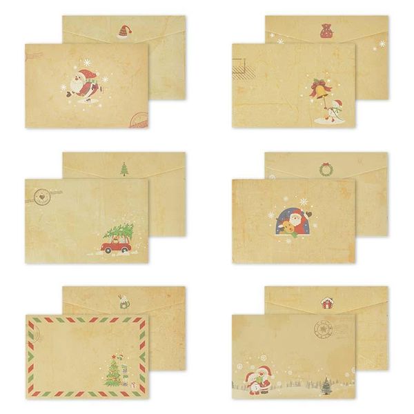 Tebrik kartları 6pcs Kraft Paper Christmas Card Vintage Zarf Kartpostal Mektup Yazma ve Noel Ağacı Çıkartmaları Chritmas