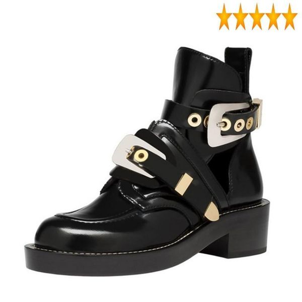 

fashion women buckle high summer motorcycle hollow out leather shoes casual footwear punk block heels sandals boots, Black