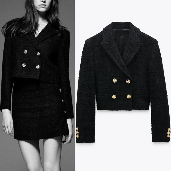 

Black 2021 New Textured Double Breasted Cropped Blazer Women Vintage Metal Button Long Sleeve Lapel Collar Office Ladies Blazers Fwv0 R5YR, White;black