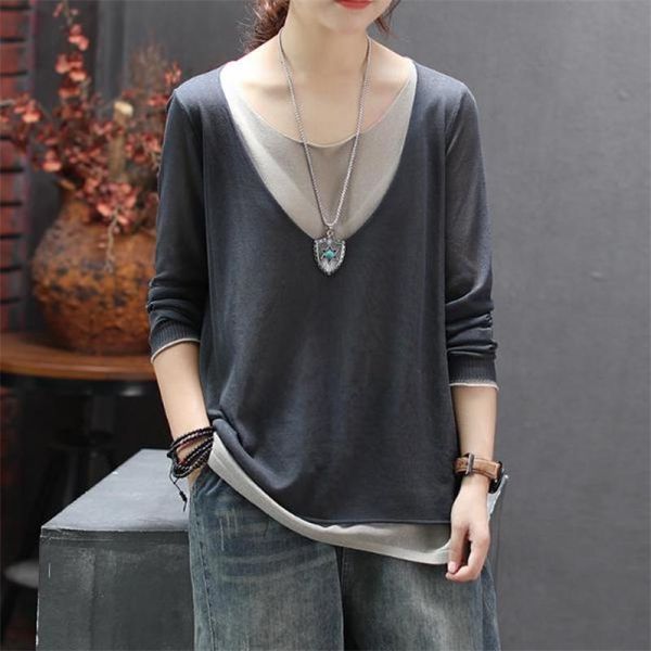 

johnature t shirt women clothes new autumn casual o-neck seven colors full sleeve fake two pieces women tshirt 210317, White