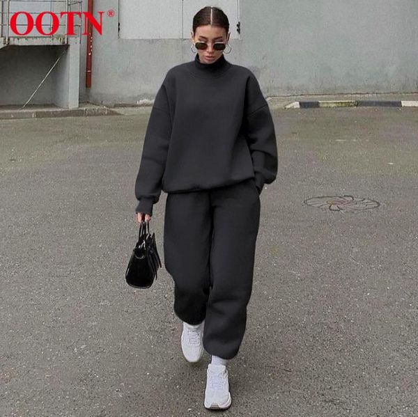 

women's two piece pants ootn jersey winter turtleneck trouser suits women stretch pullover warm thick sweatshirt set elastic waist penc, White