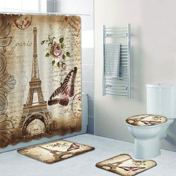 

bath accessory set retro paris 3d print 4 piece curtains with hooks waterproof shower curtain toilet lip cover bathroom rugs home