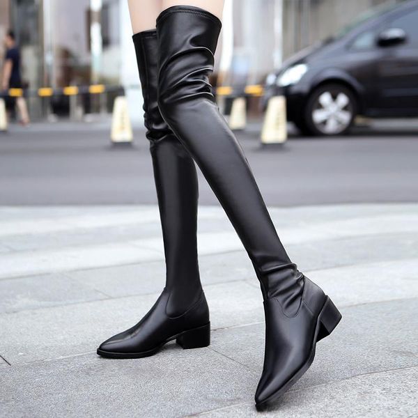 

boots 4.5cm high heels night club shoes woman winter female warm long riding women genuine leather knee, Black