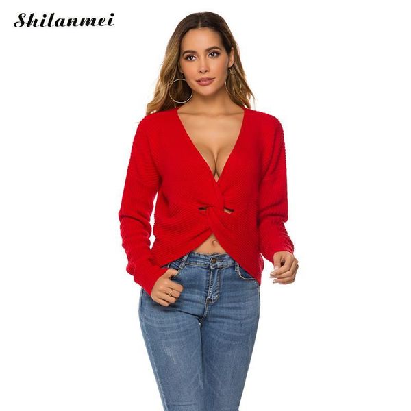 

women's sweaters vintage red sweater pullovers 2021 autumn casual loose cross female women long sleeve deep v fashion knitted, White;black