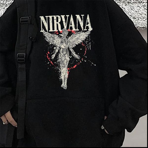 

nirvana hombre fall winter sweatshirt rock harajuku print pullover 100% cotton street clothing outdoor hip hop long sleeve coat, Black