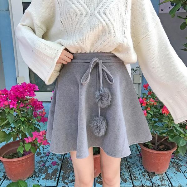 

women multi a-line mini skirt autumn winter buttons girls skater skirt high waist femininasc fur ball pleated mini, Black