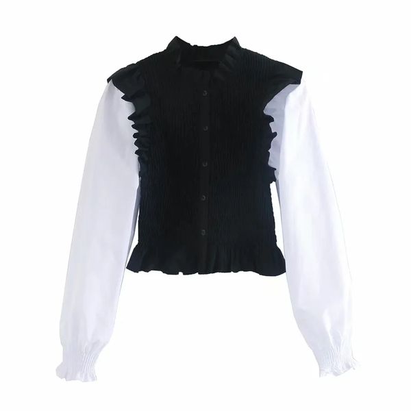 

woman contrast color splicing elastic shirt femme puff sleeve slim blouse casual lady short smock blusas s8007 210308, White