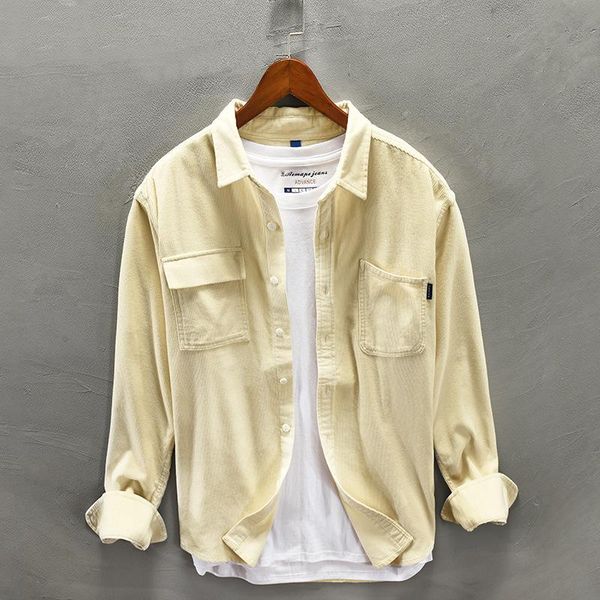 

men's casual shirts spring and autumn 2021 corduroy long-sleeved shirt, retro lapel purecolor loose shirt jacket fashion, White;black