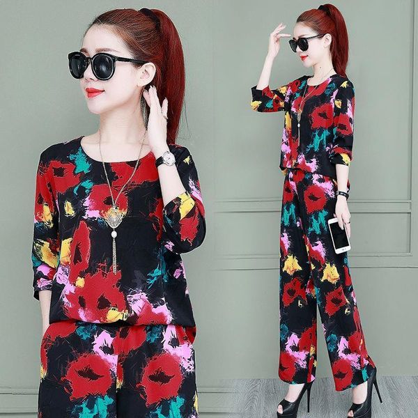 

women clothes 2021 spring autumn tshirt +flower print high waist pant two piece sets female loose 2 piece elegant suit l253, Gray
