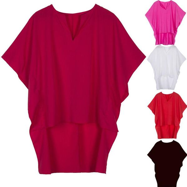 

plus size xxl blouses women summer solid 5 colors v neck fashion loose casual beach batwing sleeve irregular long blusas, White