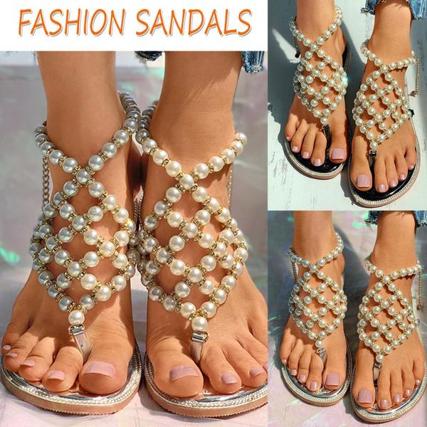 

women sandals girls ladies summer fashionable pearl flat bohemian style casual sandals comfortable breathable beach shoes mujer, Black