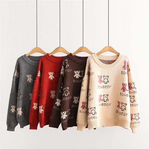 

women's sweaters o-neck knitting sweater women autumn winter fashion long sleeve pullover loose thick warm cartoon bear knit female, White;black