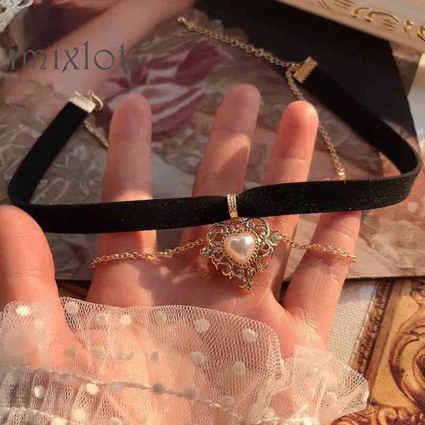 

necklaces pendants vintage kpop velvet black choker love heart pendant imitation pearls short chain necklace for women girls gifts party, Silver