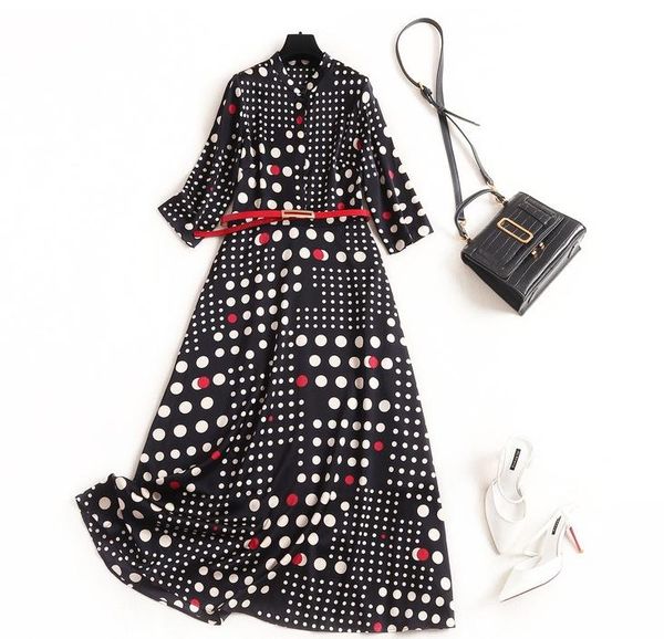 

casual dresses fashion polka dot printed chiffon dress spring and autumn contrast color falling shoulder sleeve long with belt, Black;gray