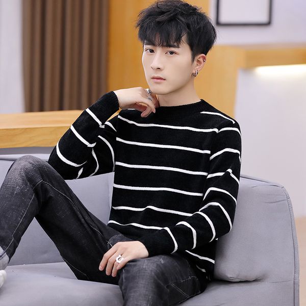 

2021 new autumn casual men's sweater o-neck striped slim fit knittwear mens sweaters pullovers pullover men pull homme -3xl zgnj, White;black