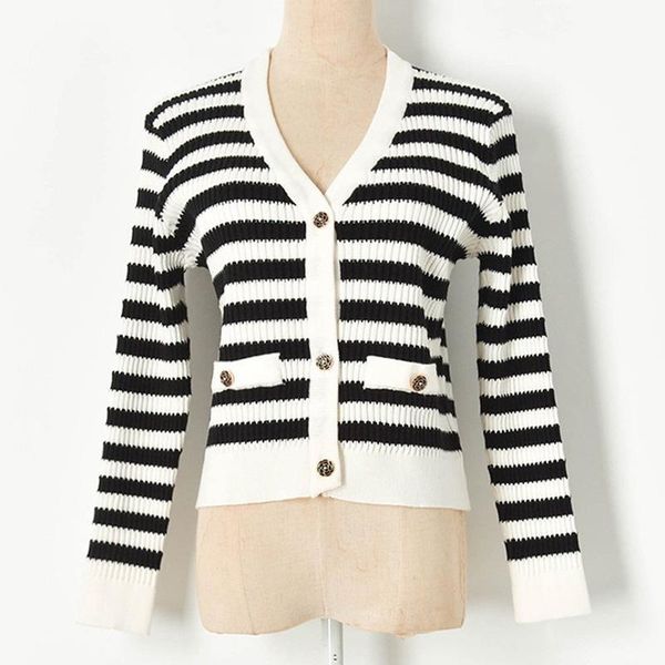 

women's knits & tees 2021 fashion korean casual knit sweater jacket gold line stripes single-breasted v-neck long-sleeved cardigan, White